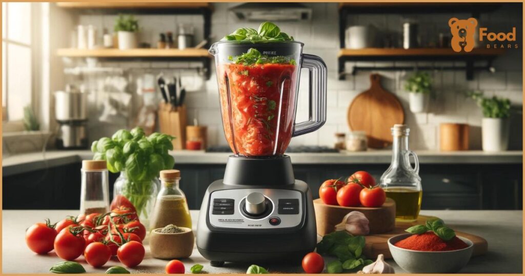 Features a high-speed blender in action making pizza sauce, set in a contemporary kitchen. 