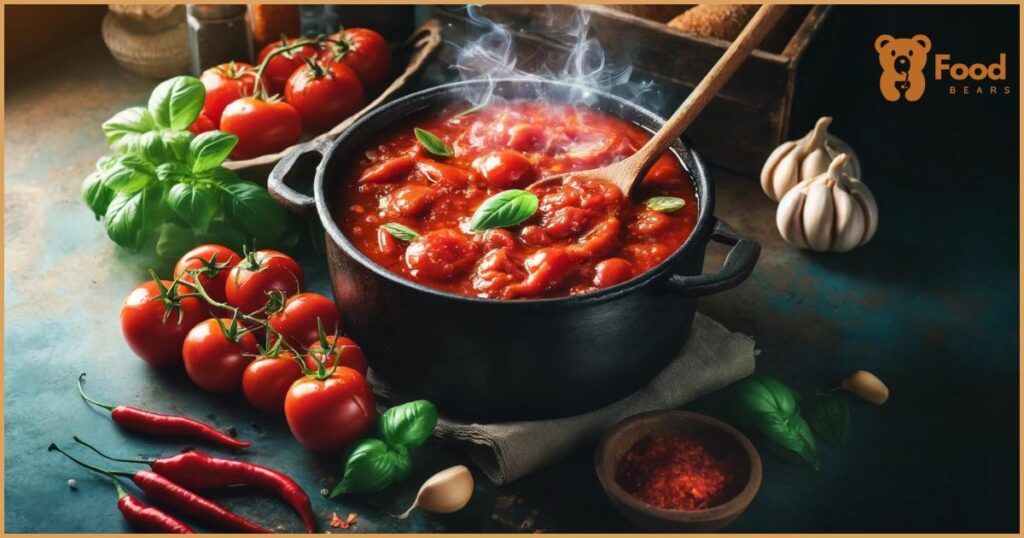 A vibrant kitchen scene with a pot of arrabbiata sauce simmering on the stove, surrounded by fresh ingredients like tomatoes, garlic, and chili peppers.