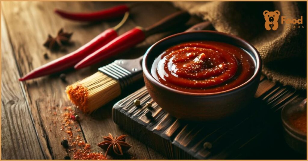 Showcasing a bowl of thick, glossy BBQ sauce with a basting brush, set on a rustic wooden table under warm light.