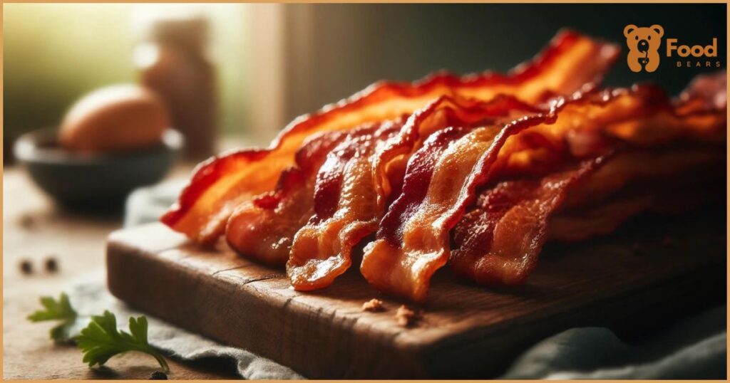 featuring a close-up of freshly cooked crispy bacon strips on a rustic wooden cutting board, beautifully highlighted by natural light.