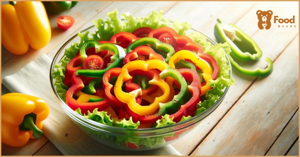 featuring a colorful bell pepper salad in a glass bowl, beautifully presented on a light wooden table under natural light.