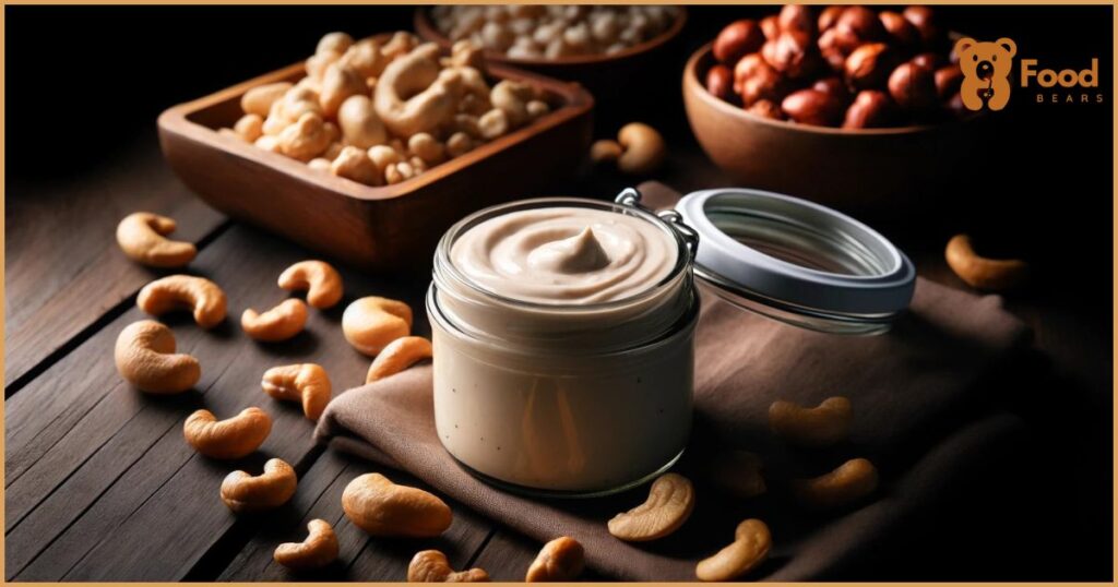 A close-up of a jar filled with cashew cream, set against a backdrop of scattered nuts, highlighting its creamy texture and health benefits.