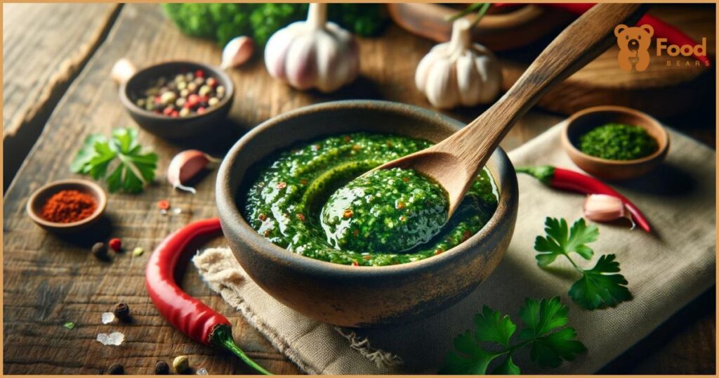 A close-up of vibrant green chimichurri sauce on a wooden spoon, with fresh ingredients scattered artistically around, set against a wooden table background.