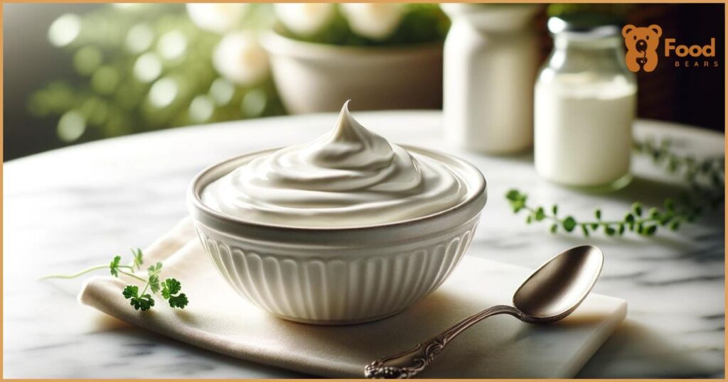 A luxurious presentation of creme fraiche in a white ceramic bowl set on a marble countertop, highlighted by natural light and green plants.