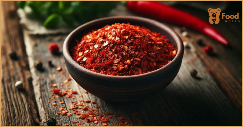 Photograph of crushed red pepper in a small bowl on a rustic wooden table. The red pepper flakes are vibrant and slightly textured, with some flakes scattered around the bowl.