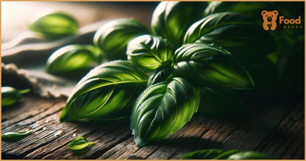 featuring a close-up of fresh basil leaves on a rustic wooden table, beautifully highlighted by natural light to show their vibrant green color and texture.