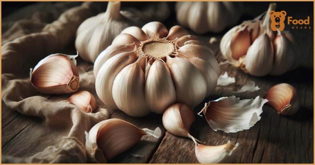 featuring a close-up of fresh garlic bulbs and cloves on a rustic wooden table, beautifully illuminated by natural light.