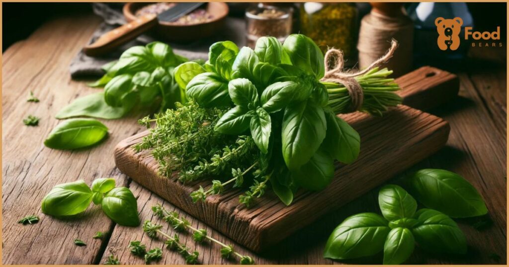 Photograph of fresh basil and oregano on a rustic wooden surface.