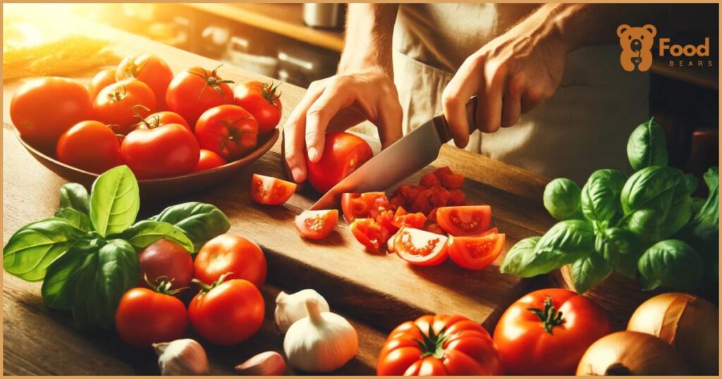 Features the hands-on process of chopping fresh tomatoes in a kitchen, with a variety of ingredients spread around.