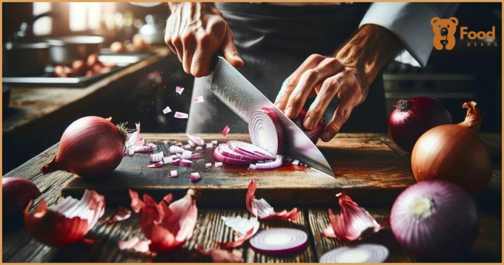 depicting a chef in the midst of chopping red onions in a professional kitchen, capturing the dynamic motion of slicing.