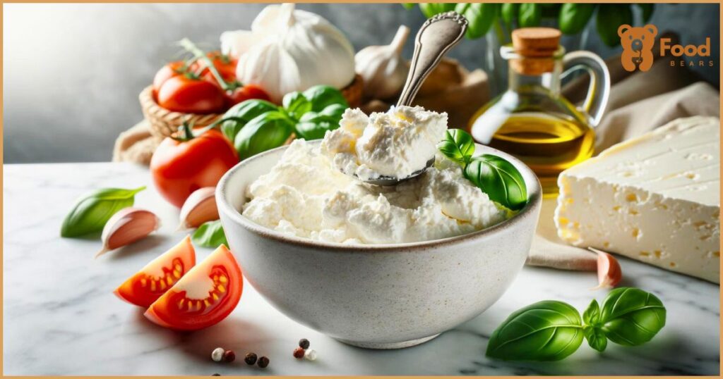 A close-up of fresh ricotta cheese in a bowl, showcasing its creamy texture with ingredients like basil and tomatoes in the background.