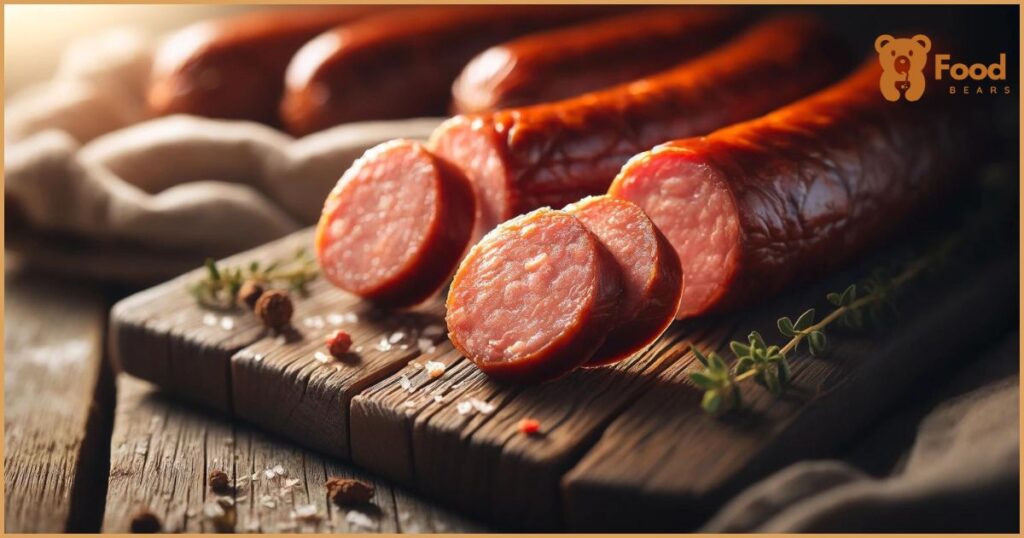 featuring a close-up of sliced sausages arranged on a rustic wooden board, emphasizing their rich texture and color.