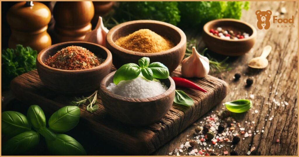 Variety of seasonings on a rustic wooden surface. The scene includes small bowls filled with salt, pepper, oregano, basil, and red pepper flakes.