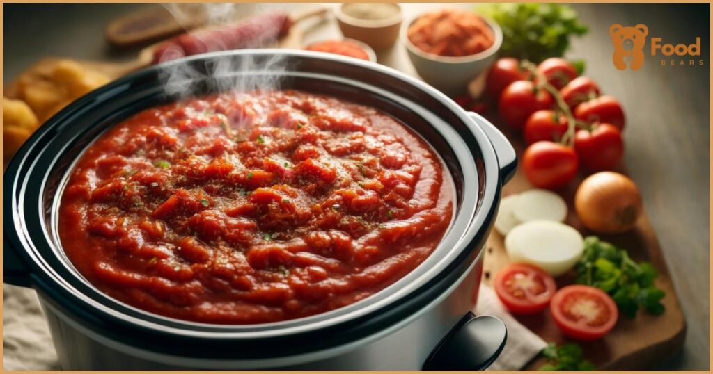 A close-up of pizza sauce bubbling in a slow cooker, highlighting the vibrant color and texture, set against a soft, blurred background.