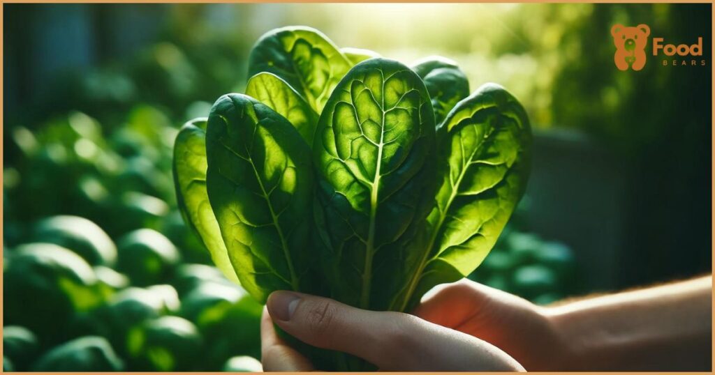 depicting a close-up of a handful of fresh spinach leaves held up to the light. The sunlight reveals their delicate veins and vibrant green color, set against a softly blurred garden background.