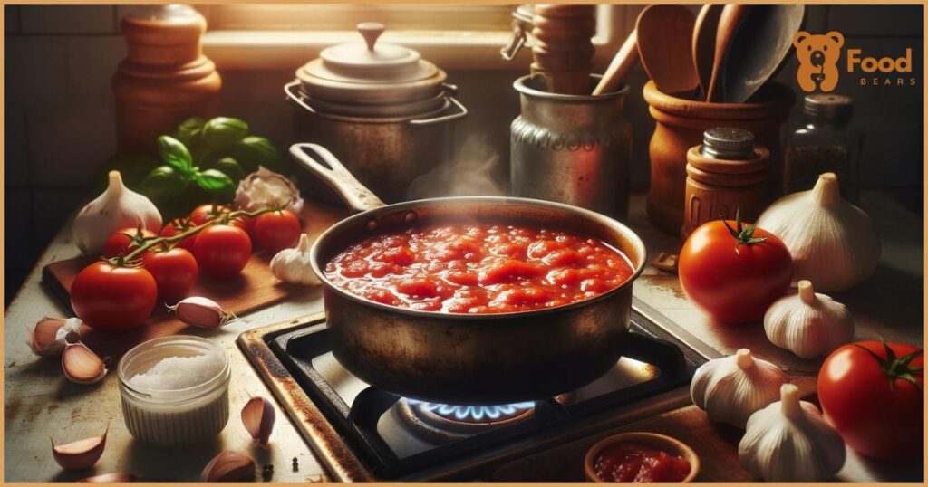 Depicts the preparation of stovetop pizza sauce in a cozy, rustic kitchen setting, emphasizing a warm, inviting atmosphere.