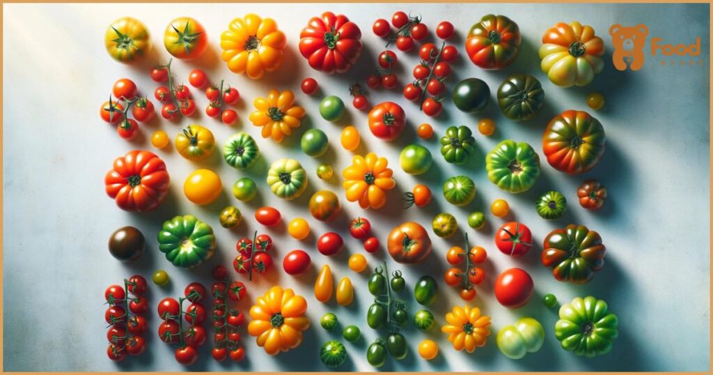 an overhead shot displaying a variety of tomatoes arranged on a light-colored table, showcasing their distinct colors and shapes in a vibrant and artistic composition.