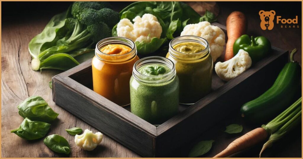 Features glass jars of sweet potato, cauliflower, and spinach purees on a rustic wooden tray.