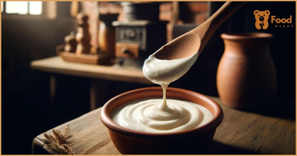 This close-up shows a wooden spoon lifting white base sauce, highlighting its creamy texture against a rustic kitchen background.