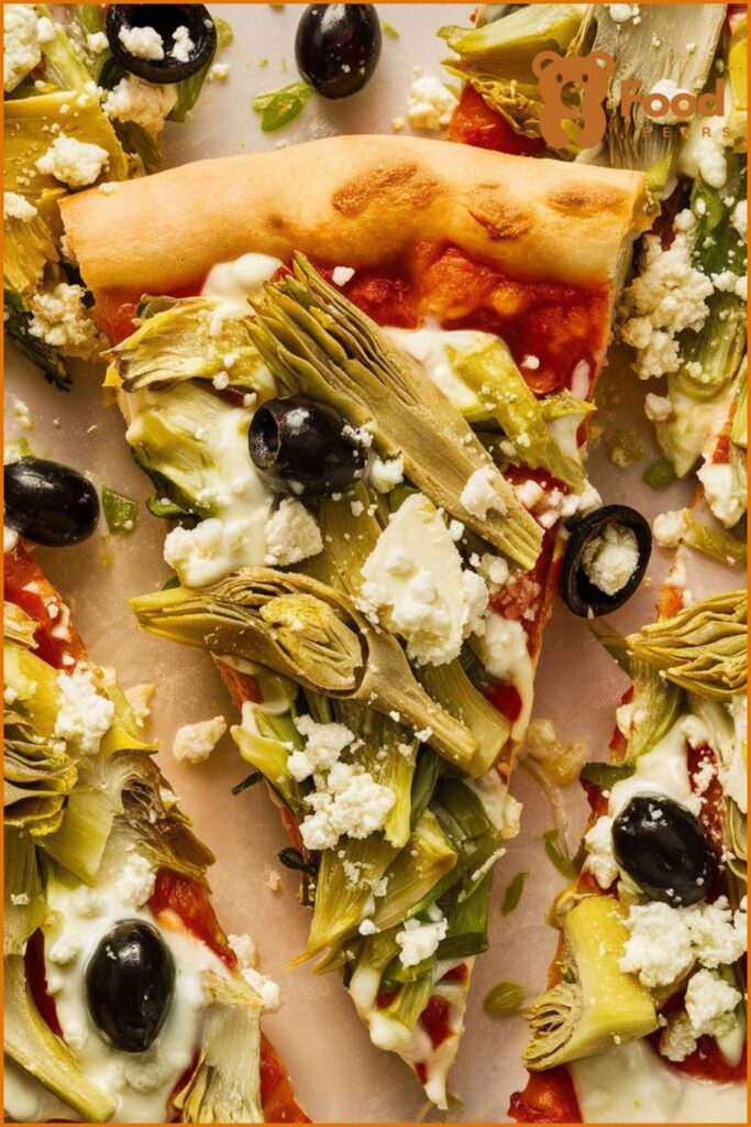 White Sauce Pizza Topping with Artichokes, Black Olives, and Feta Cheese
