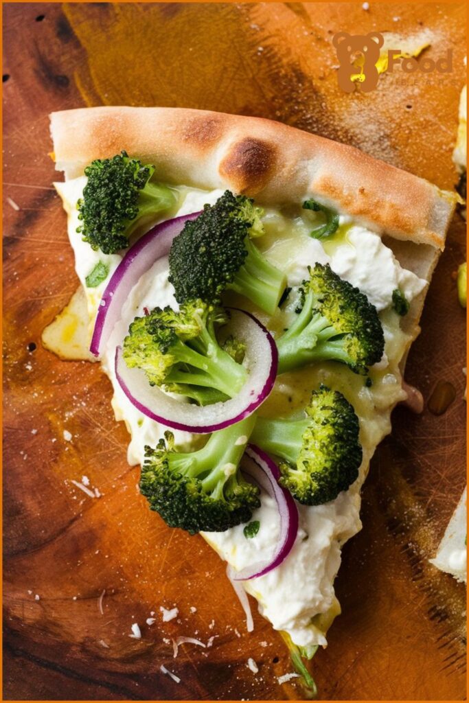 White Sauce Pizza Topping with Broccoli, Ricotta, and Red Onion